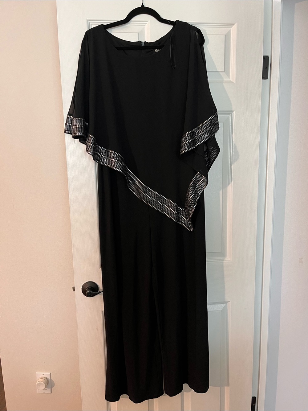 SLNY Black One-Shoulder Jumpsuit with Metallic Trim